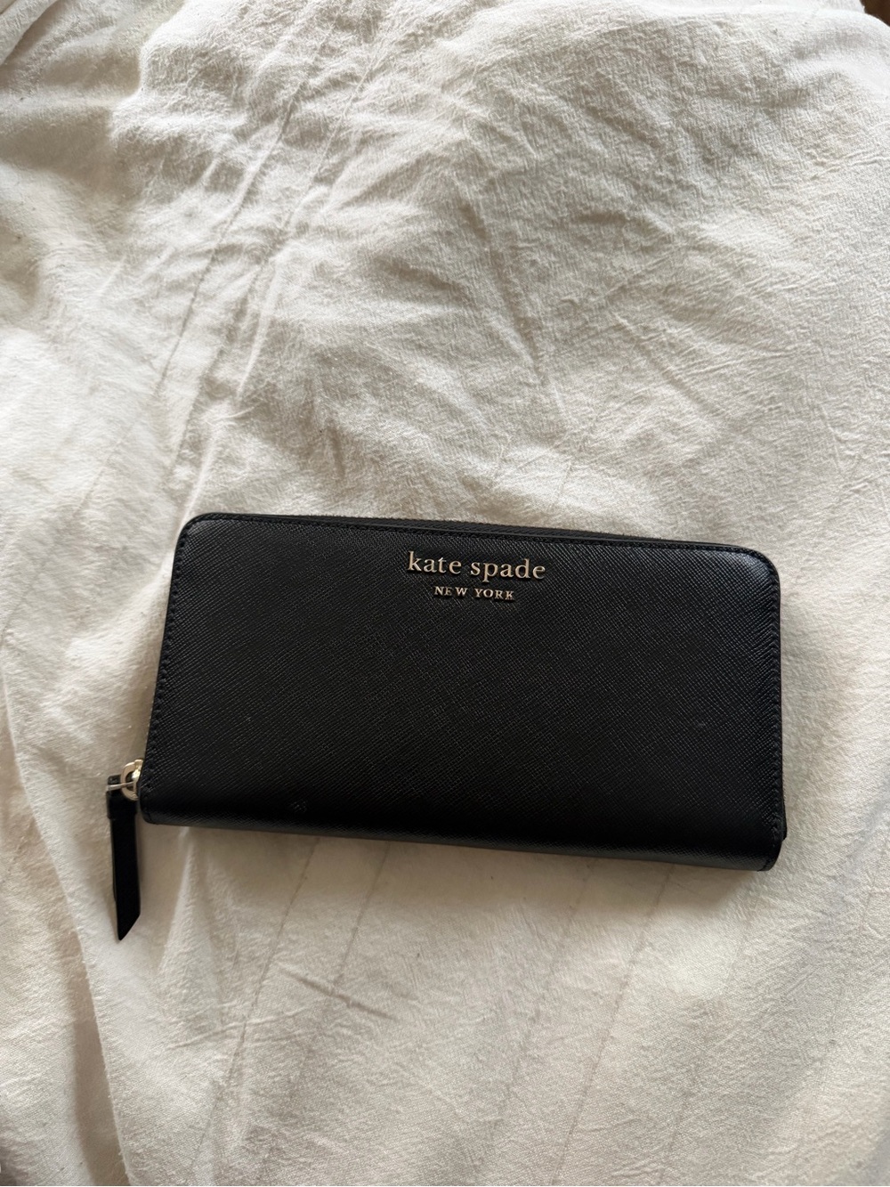 kate spade Black Zip Around Wallet with Gold Logo